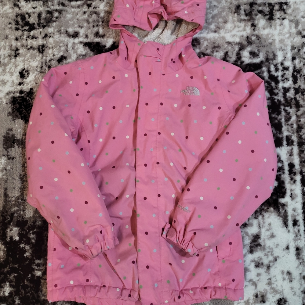 North Face Girl’s Pink Polka Dot Hyvent Coat Fleece Lined Jacket Size Med.